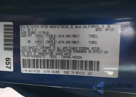2025 Toyota Tacoma Sr5 from USA, damaged, VIN 3TMKB5FNXSM034773